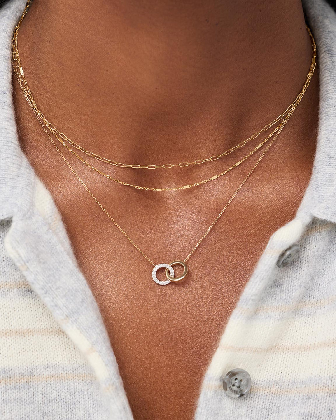 10K Solid Gold Diamond Links Circle Pendant Necklaces For Women Ana Luisa Duo Links Diamond Necklace