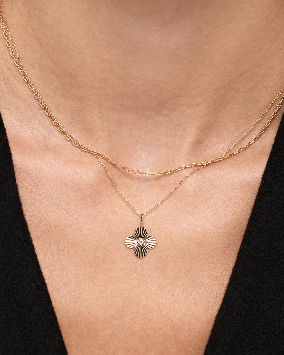 Solid Yellow Gold - Large Diamond Flower Charm Necklace