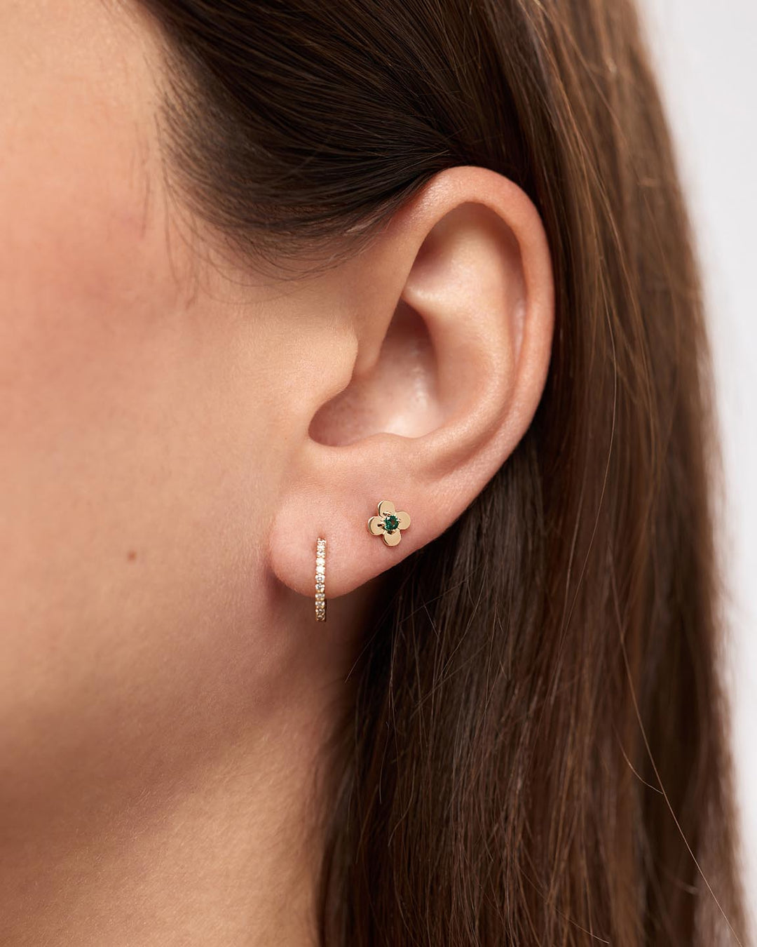 Solid Yellow Gold - Emerald Mini Flower Studs