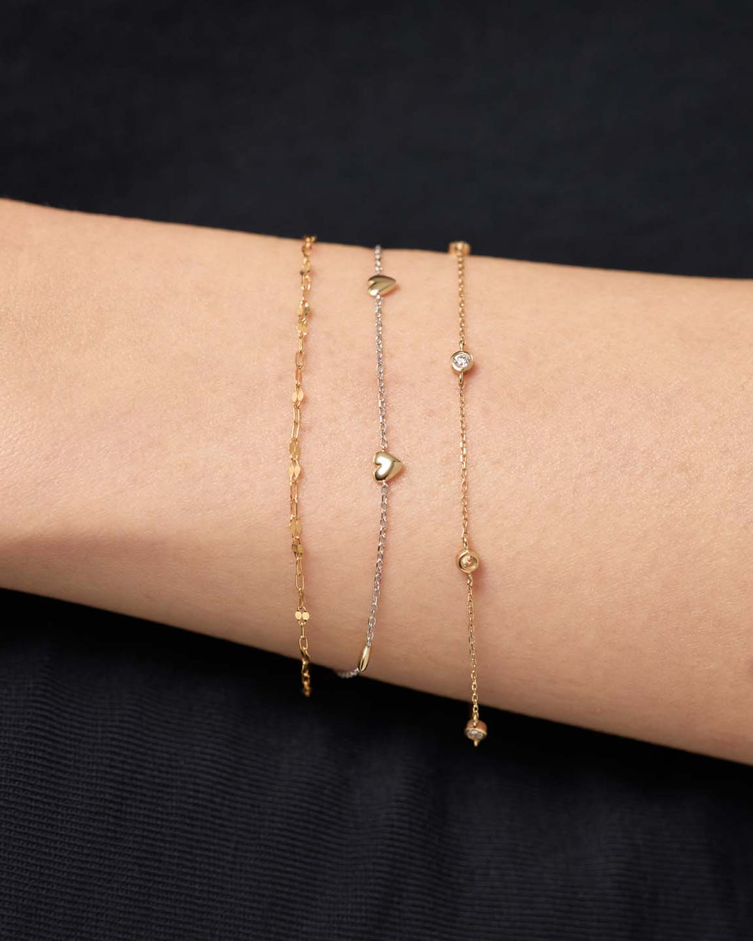 Solid Yellow Gold - Two Tone Heart Station Bracelet