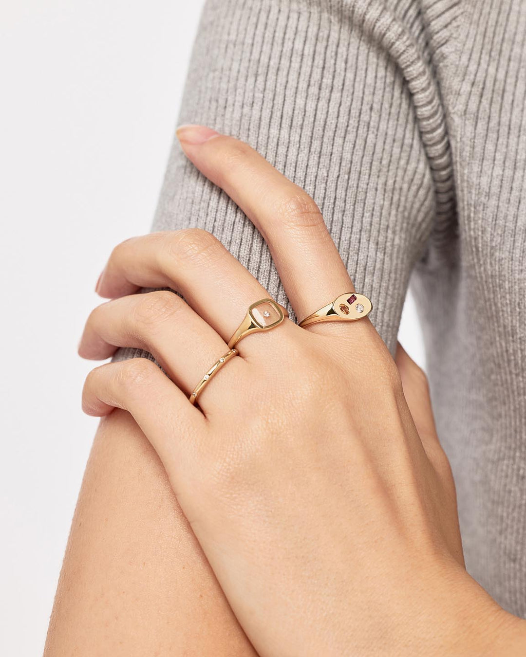 Solid Yellow Gold - 3 Stone Signature Signet Ring