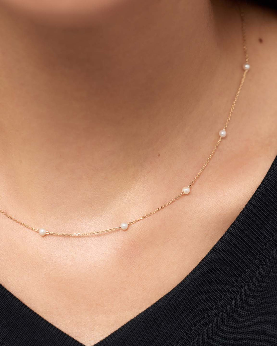 Solid Yellow Gold - Pearl Station Necklace