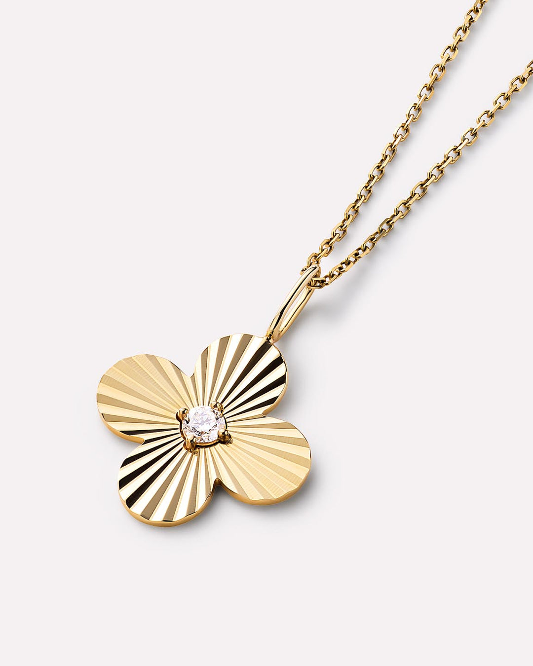 Solid Yellow Gold - Large Diamond Flower Charm Necklace