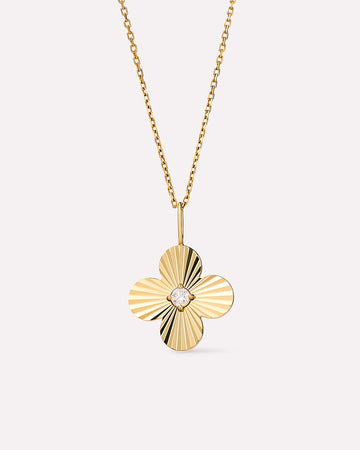 Solid Yellow Gold - Large Diamond Flower Charm Necklace