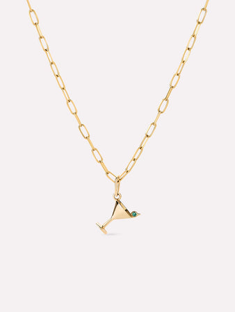 Solid Gold Drink Cocktail Pendant Necklaces For Women Martini Charm Necklace