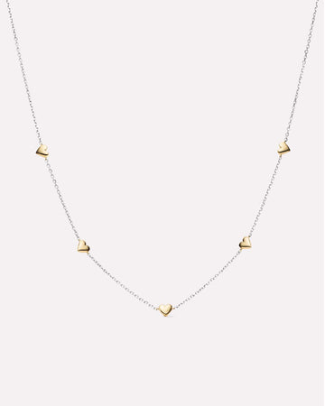 Solid Yellow Gold - Two Tone Heart Station Necklace